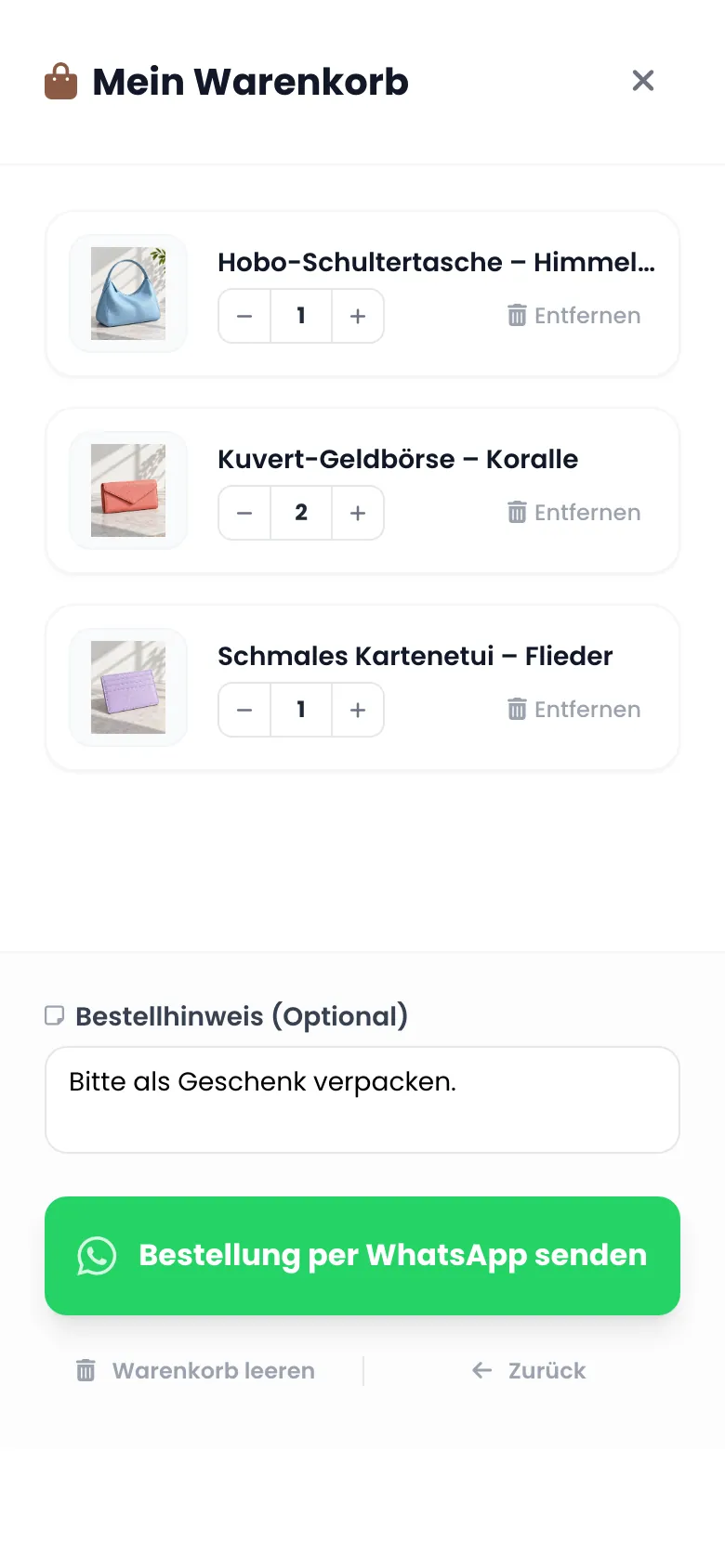 Catalog: Warenkorb mit Produkten und Bestellhinweis