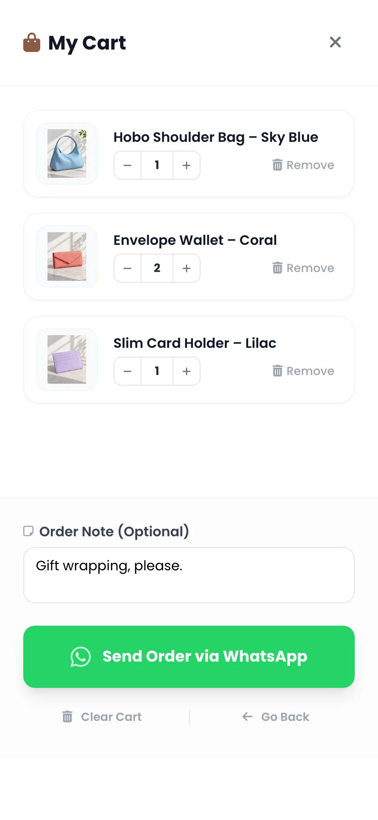 Catalog: cart with products and an order note