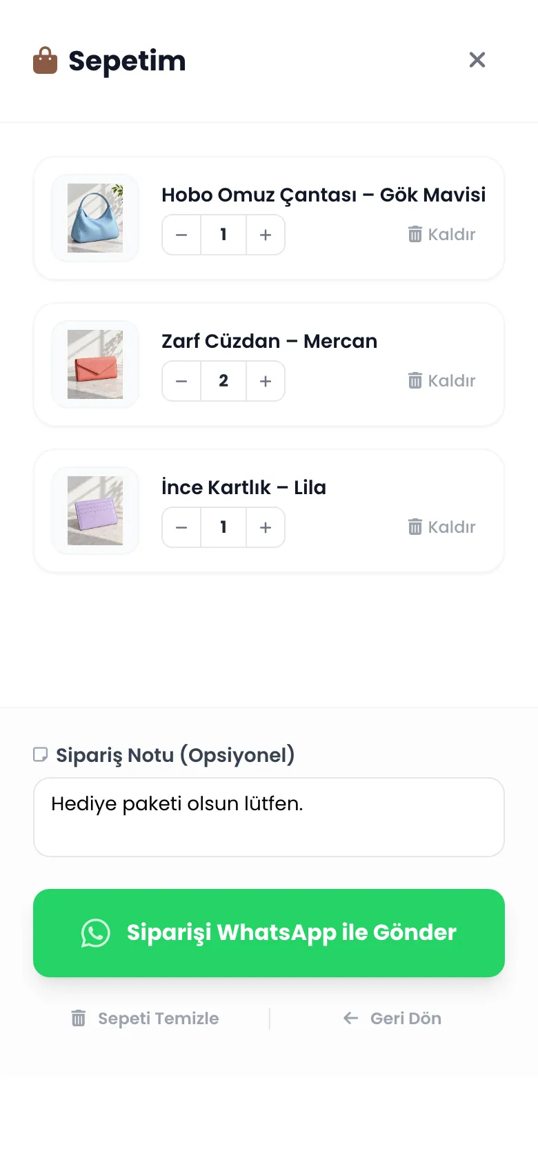 Catalog: ürünlerin ve sipariş notunun yer aldığı sepet