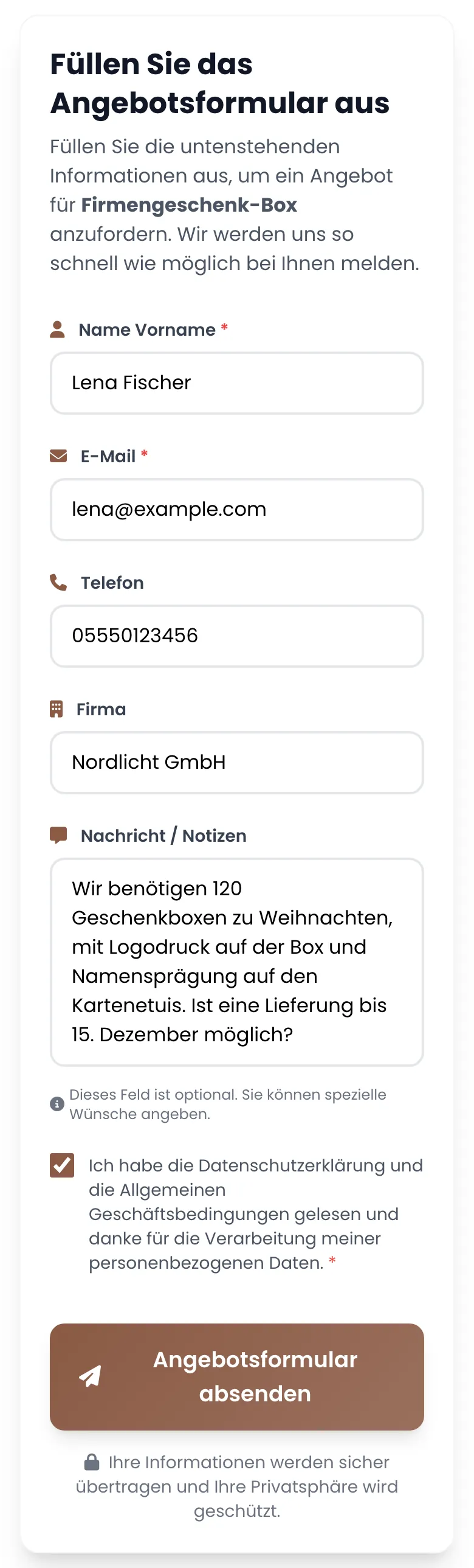 Catalog: ausgefülltes Angebotsformular für ein Firmengeschenk