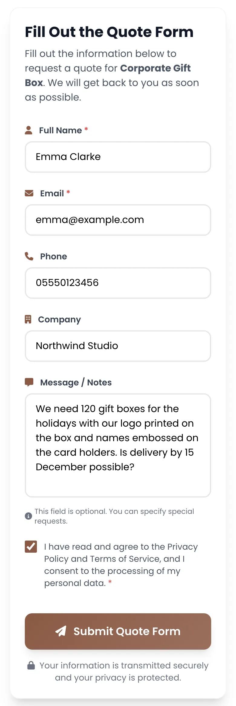 Catalog: quote form filled in for a corporate gift product