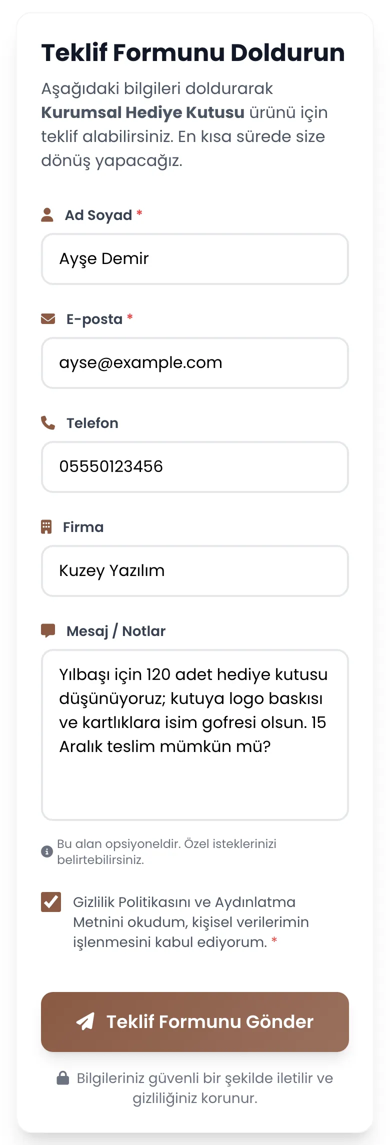 Catalog: kurumsal hediye ürünü için doldurulan teklif formu