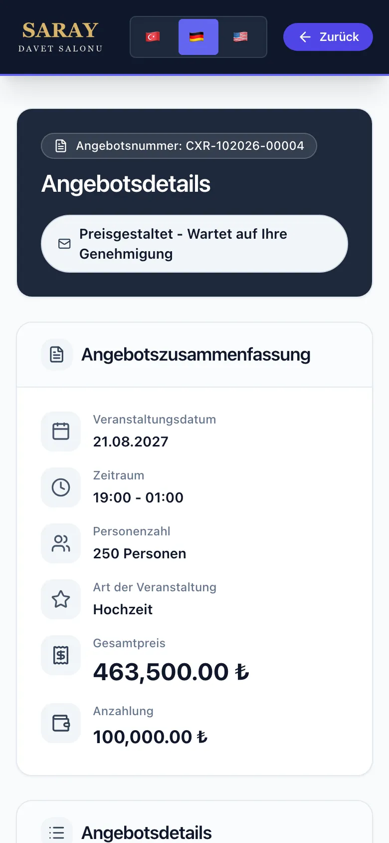 Eventix: Übersicht des digitalen Angebots auf dem Smartphone mit Gesamtbetrag und Anzahlung