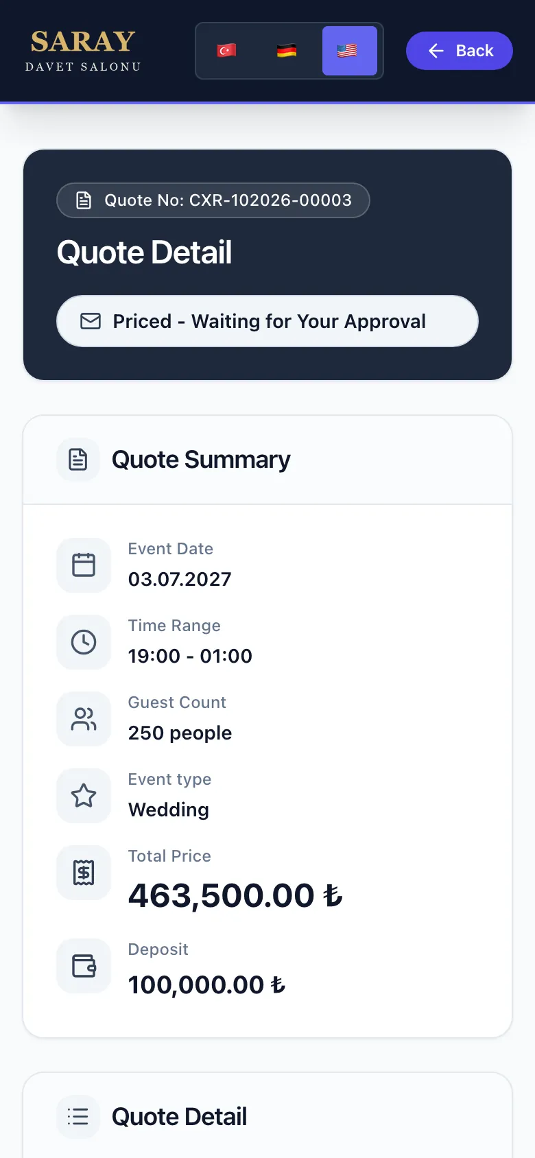 Eventix: summary of the digital quote sent to the customer on a phone, with total and deposit