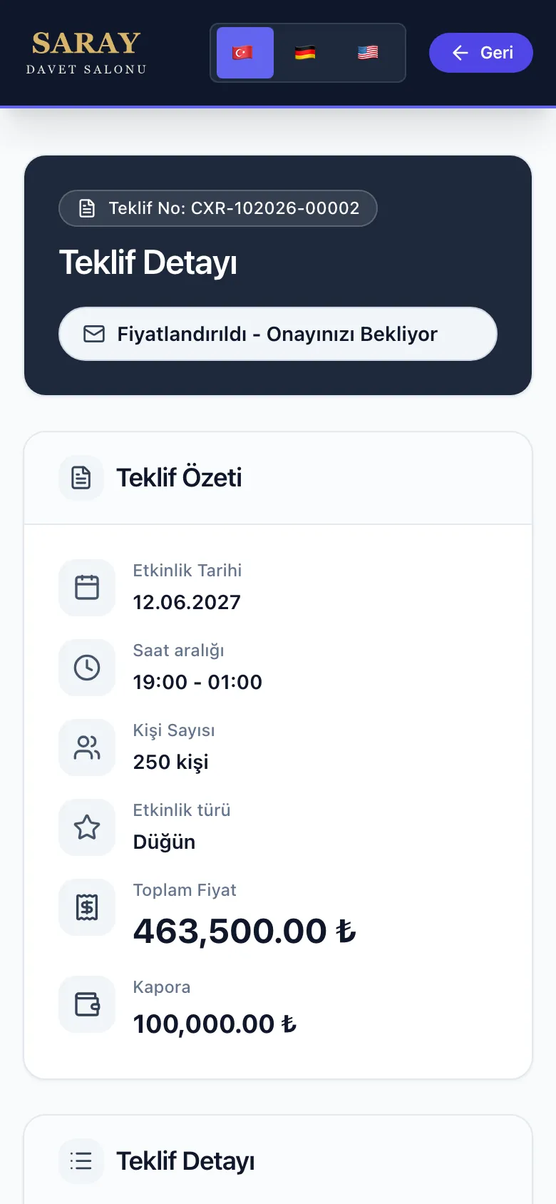 Eventix: müşteriye gönderilen dijital teklifin telefondaki özeti, toplam tutar ve kapora