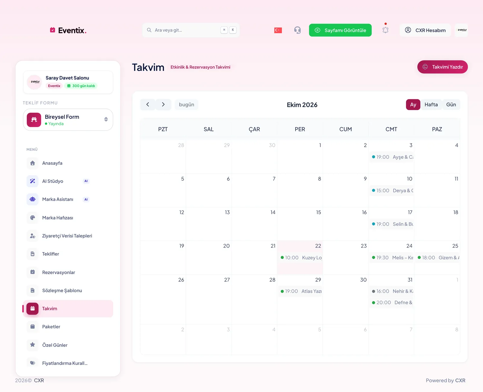 Eventix: rezervasyonların yer aldığı aylık etkinlik takvimi