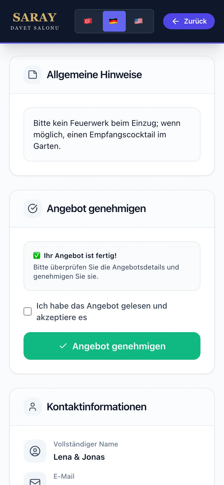 Eventix: Ansicht, in der die Kundschaft das Angebot liest und bestätigt