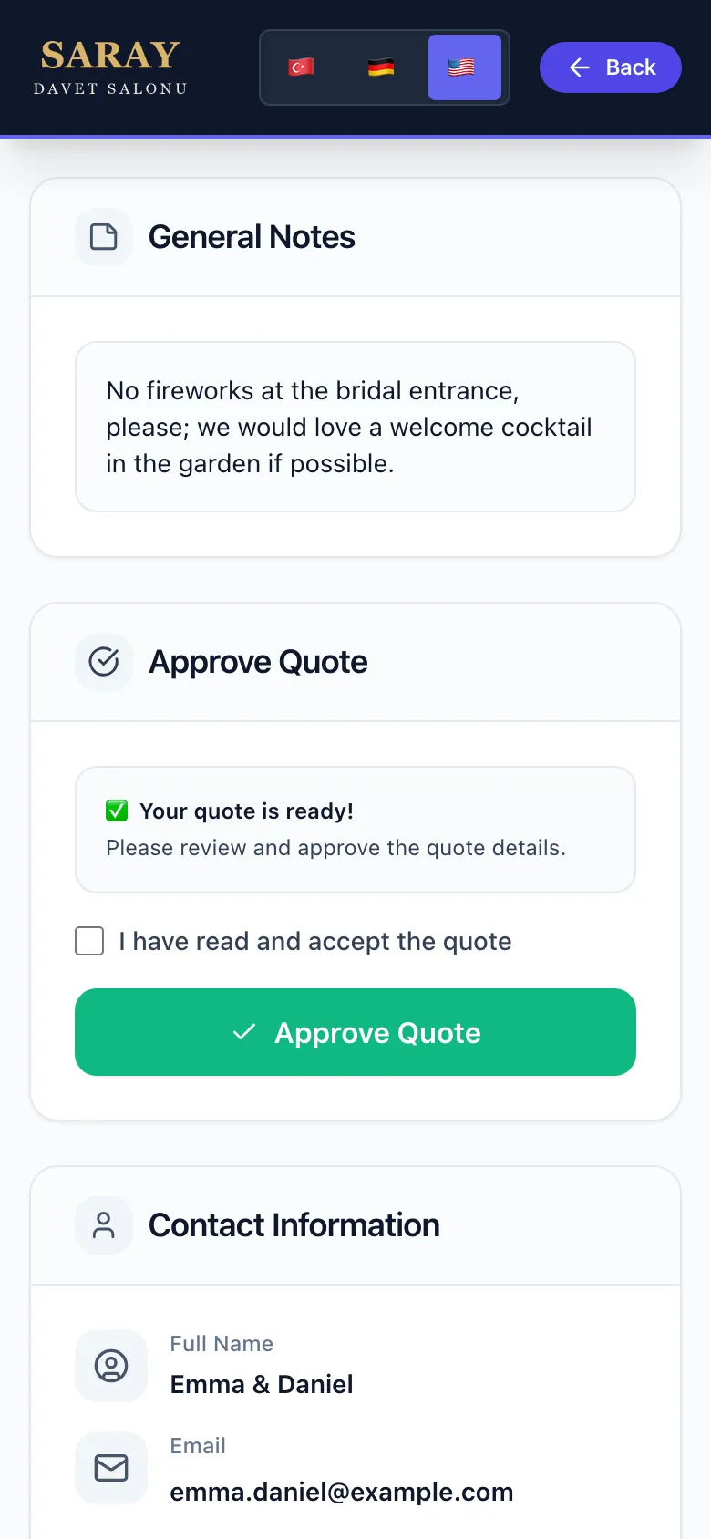 Eventix: the screen where the customer reads and approves the quote