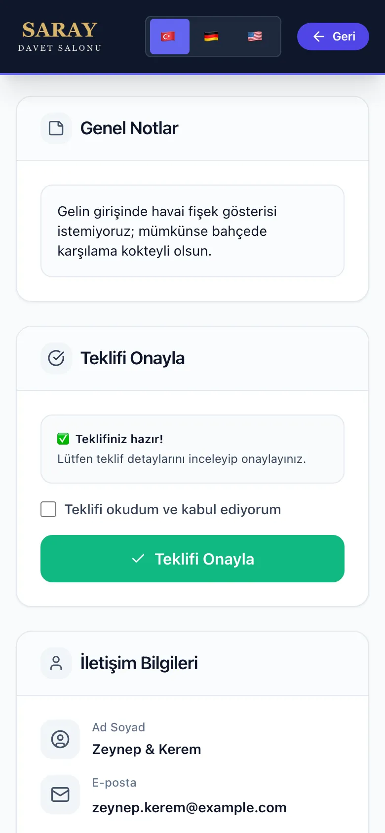Eventix: müşterinin teklifi okuyup onayladığı ekran
