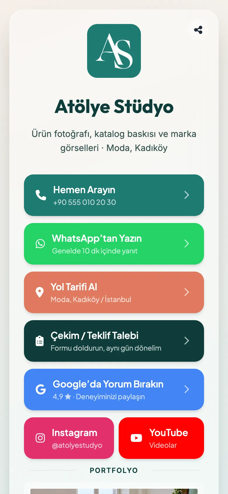 Linke: telefon, WhatsApp, yol tarifi, talep formu, Google yorumu ve sosyal medya bağlantılarının yer aldığı işletme sayfası