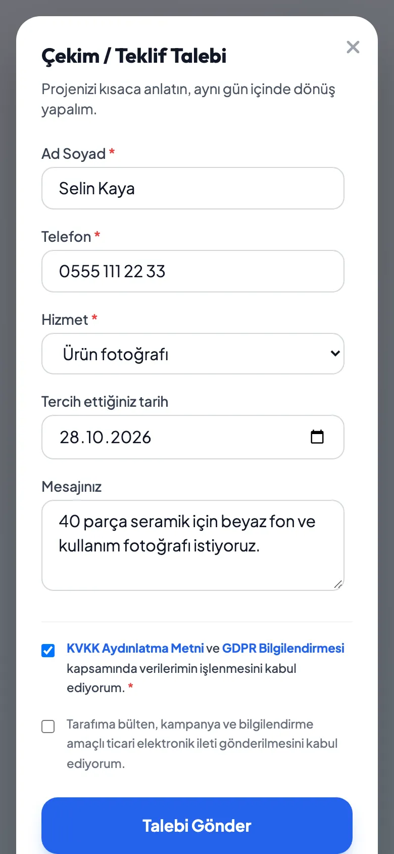 Linke: işletme sayfasında doldurulan talep formu