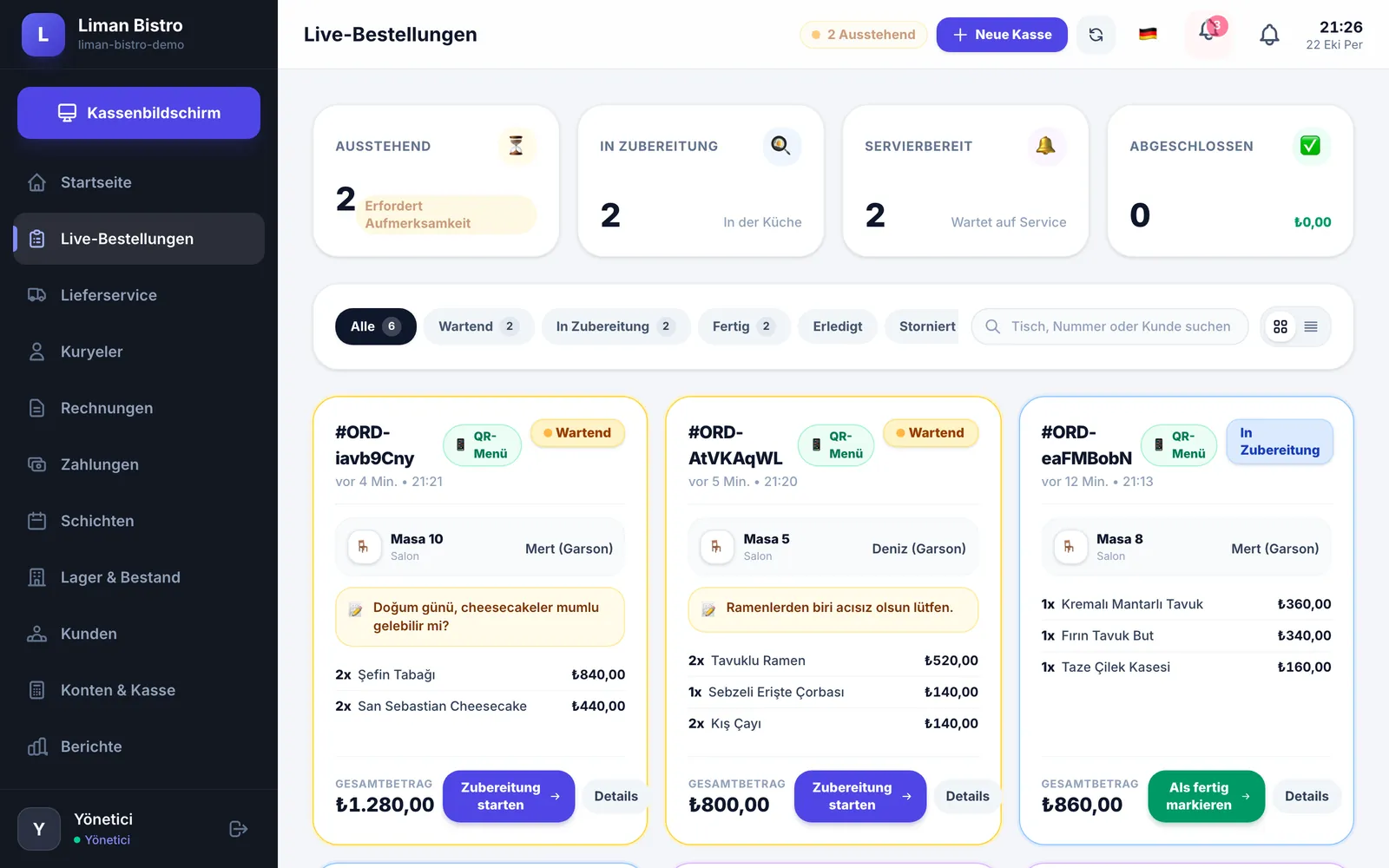 Menux-Dashboard: wartende, in Zubereitung befindliche und fertige Tischbestellungen