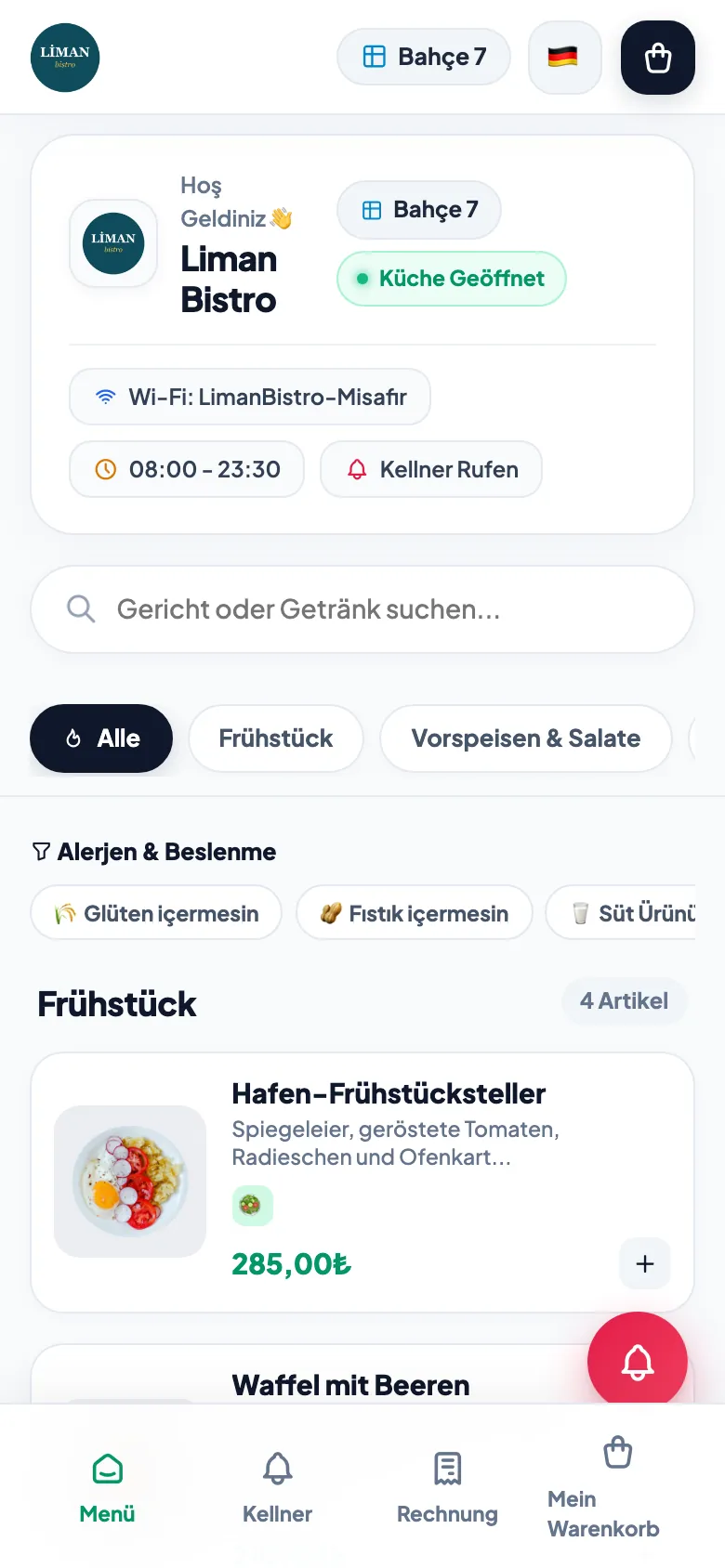 Menux: über den Tisch-QR-Code geöffnete Speisekarte mit Kategorien und Allergenfiltern