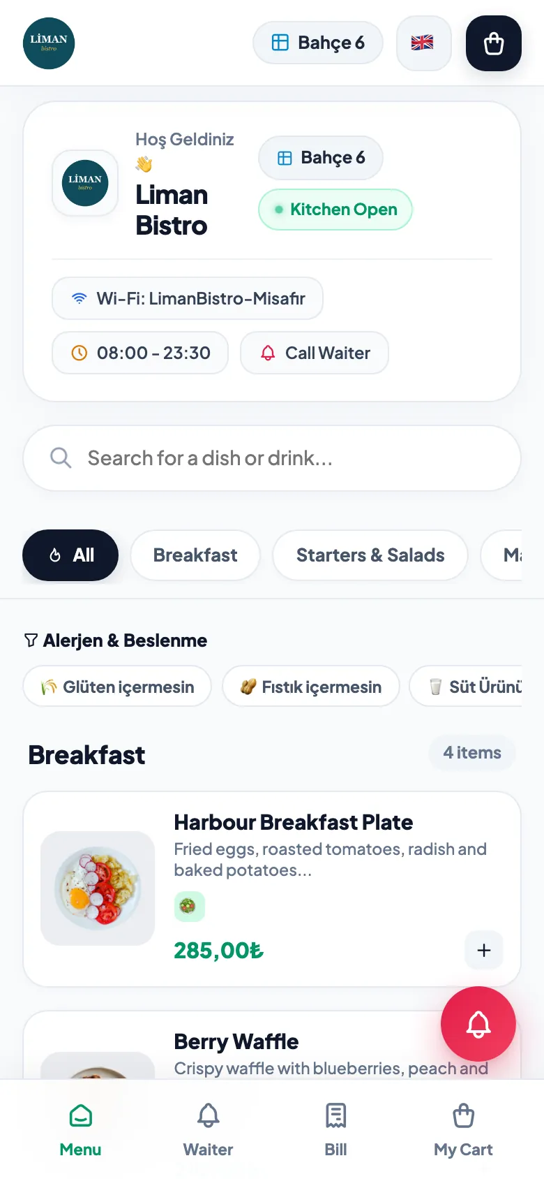Menux: menu opened with the table QR code, with categories and allergen filters
