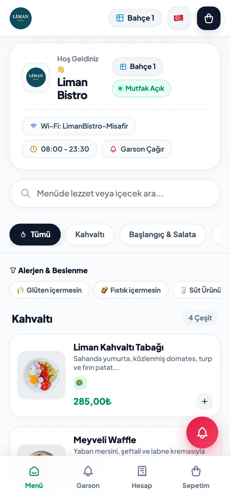Menux: masadaki QR kodla açılan menü; kategoriler ve alerjen filtreleri