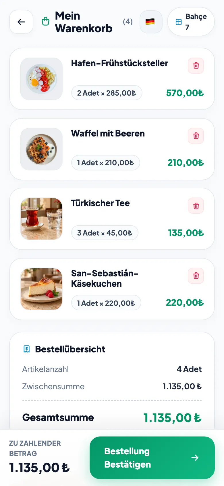 Menux: Warenkorb und Summe einer Bestellung am Tisch