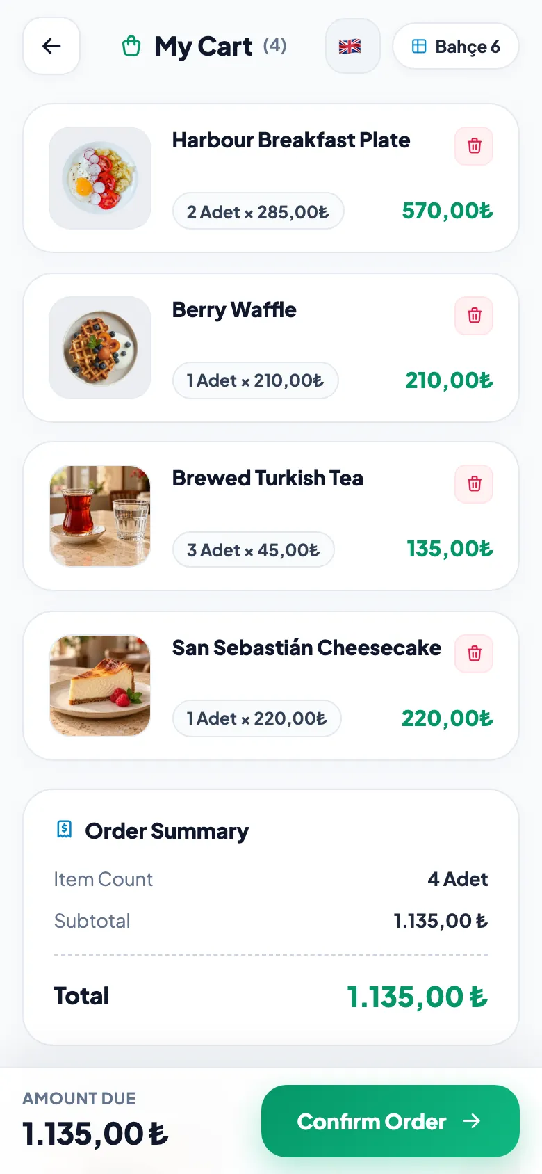 Menux: cart and total of an order placed at the table