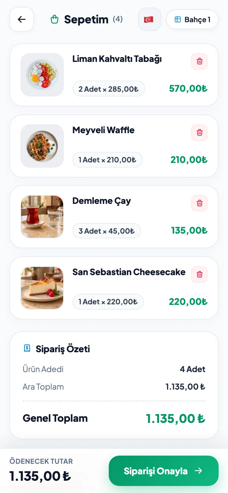 Menux: masadan verilen siparişin sepeti ve tutarı