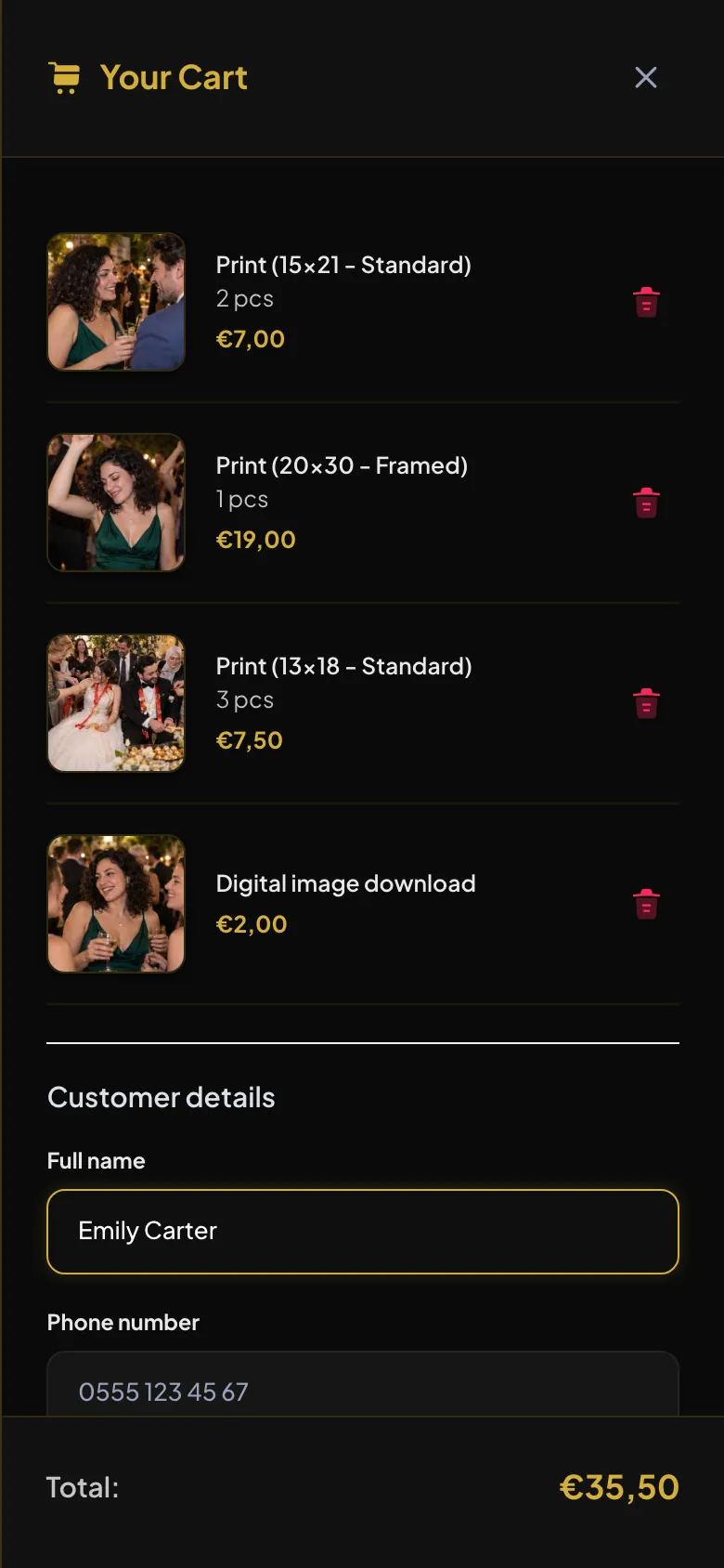 Momento: cart with print and digital photo orders