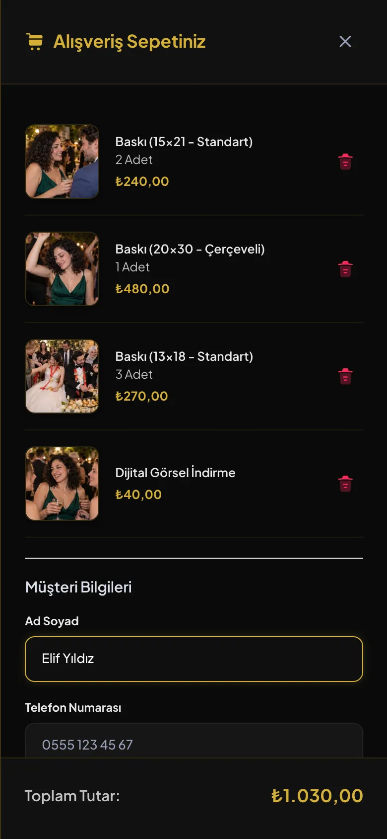 Momento: baskı ve dijital fotoğraf siparişlerinin yer aldığı sepet