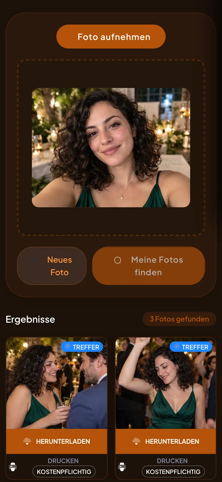Momento: Ergebnisansicht, in der ein Gast per Selfie die Fotos findet, auf denen er zu sehen ist