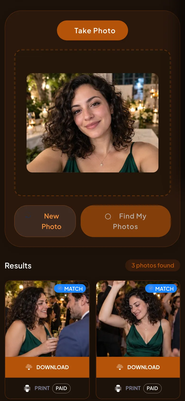 Momento: results screen where a guest finds the photos they appear in with a selfie