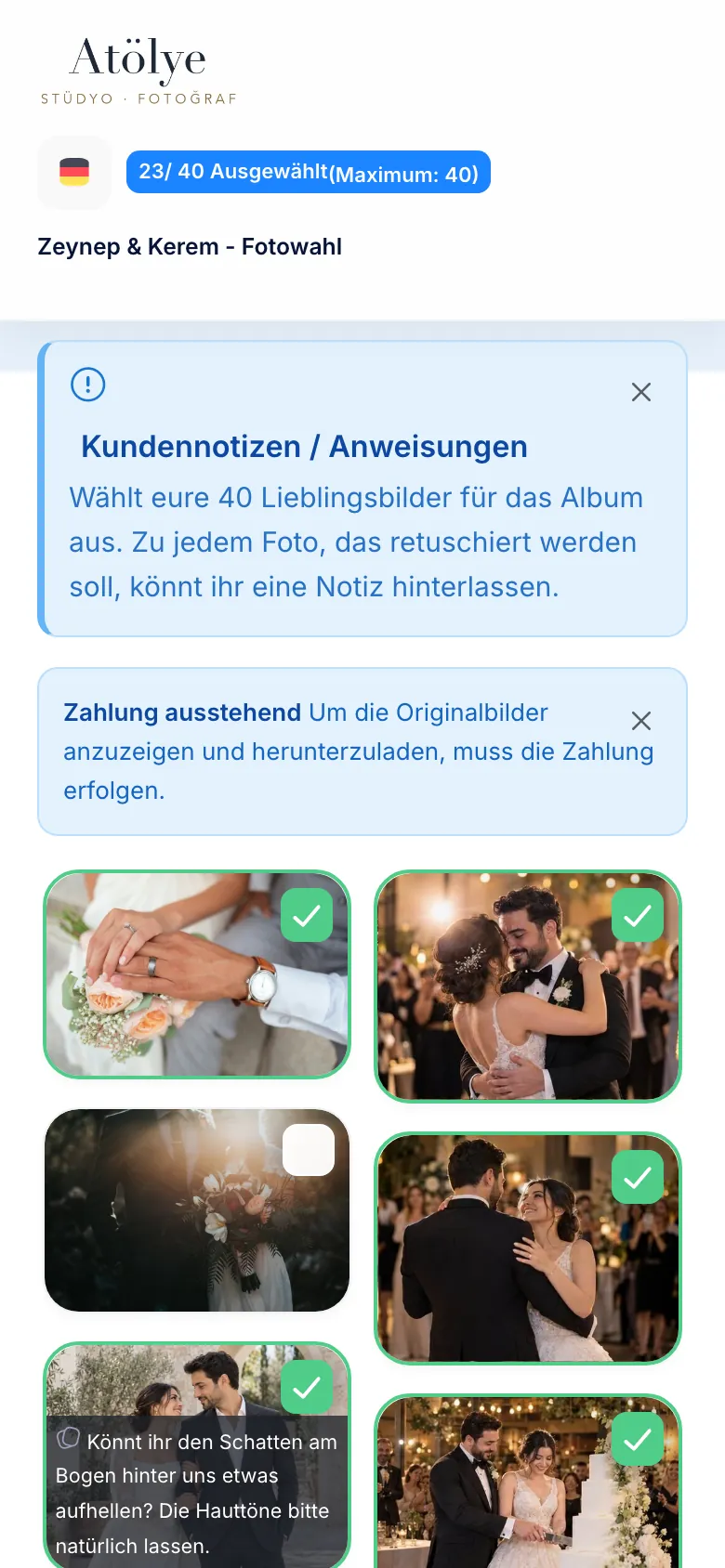 Selecto: Fotoauswahl der Kundschaft mit Auswahlzähler, Hinweis aus dem Fotostudio und separatem Zahlungshinweis