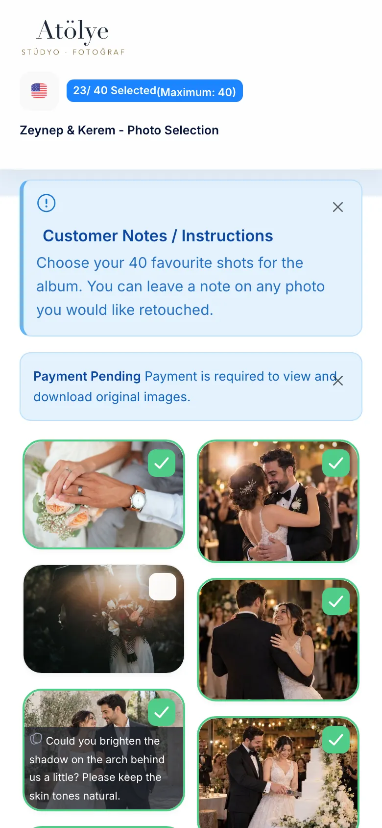 Selecto: the client’s photo selection with selection counter, photographer’s note and a separate payment notice