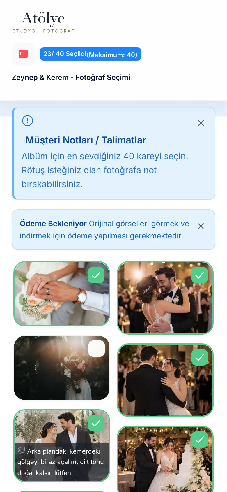 Selecto: müşterinin fotoğraf seçimi; seçim sayacı, fotoğrafçının notu ve ayrı ödeme bildirimi